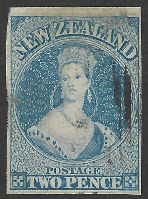 NEW ZEALAND 1857 2d blue no watermark with vert mesh, FU/fault. SG 10. Cat.£180.