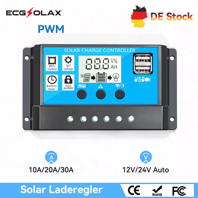 Solar Laderegler 30A/20A/10A 12V 24V Auto PWM controller Panel Regler LCD USB