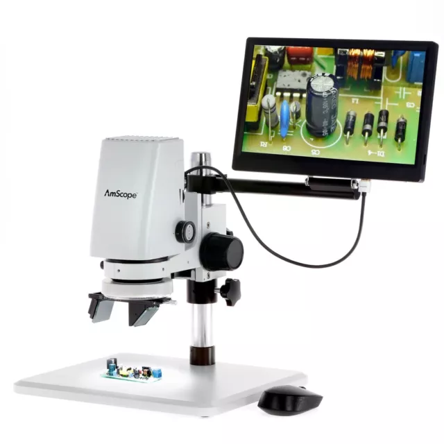 Amscope 0.7-5X Zoom Tabletop Video Inspection Microscope+11.6" Monitor+3D Viewer