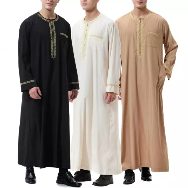 Muslim Mens Jubba Long Sleeve Maxi Kaftan Dishdash Thobe Saudi Arab Robe New