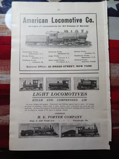 1904 Print Ads AMERICAN LOCOMOTIVE Co. NYC & HK PORTER Co. Pittsburgh PA