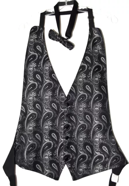 Lord West Black Gray Paisley Mens Tuxedo Vest Matching Bowtie Fits All 37-50 USA