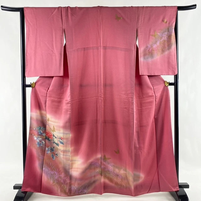 Japanese Kimono Silk Houmongi Vintage Gold Pink Silver Moutan Butterfly 64in