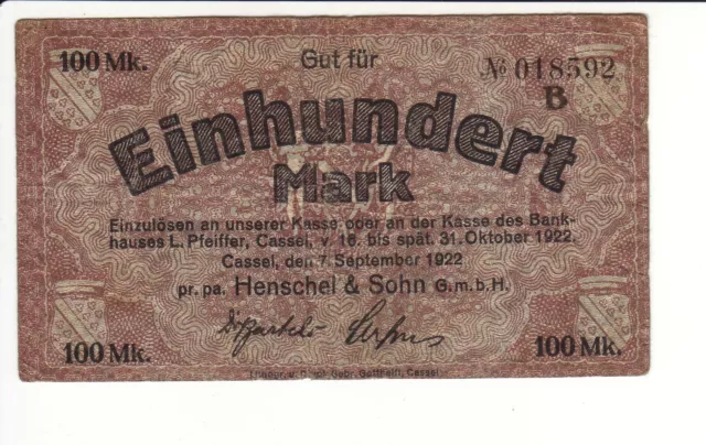 100 Mark Cassel Henschel & Sohn 07.09.1922 (Mü 745.1b / Brendel 67.A.c)