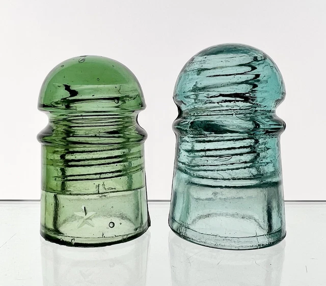 Pair of Star Ponies Cd 102 Glass Insulator Green and Blue