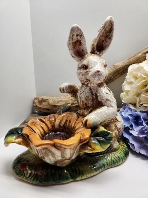 Crackle Glazed Ceramic Bunny Rabbit Sunflower Raku Spring Easter Decor Hare 9.5"