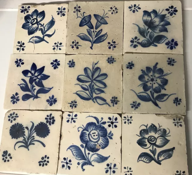 9  antike Azulejos Fliese antique  Delft tile Portugal 17.Jh. Kachel