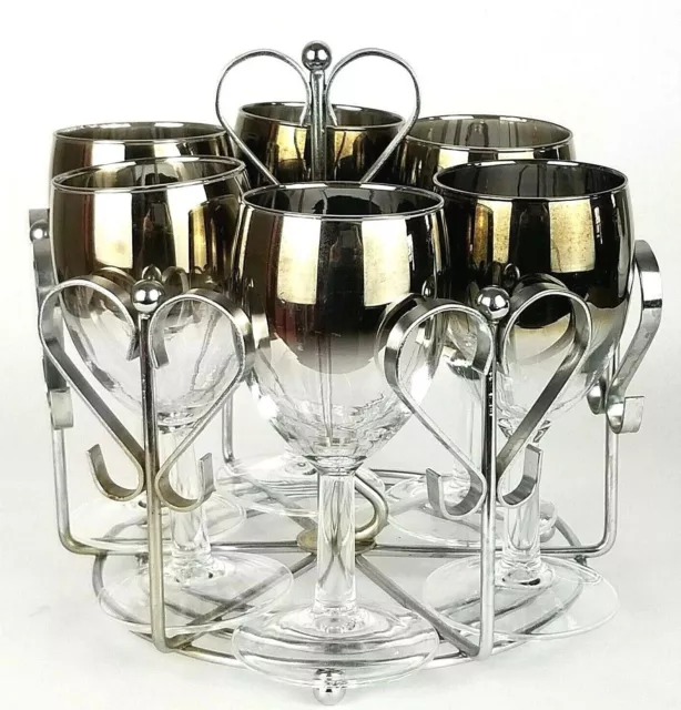 Vintage Silver Fade Wine Glass Set Chrome Heart Caddy Mid Century Goblet Set