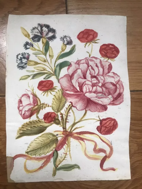 ÉCOLE FRANÇAISE DESSIN ANCIEN GOUACHE SUR VÉLIN FLEURS XVIII 18eme MINIATURE