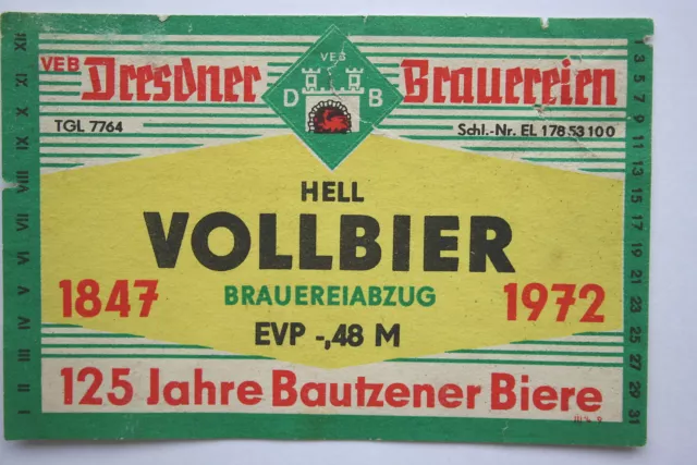 14537 Beer Label Dresden Breweries Vollbier 1972 125 Years Bautzener Beers