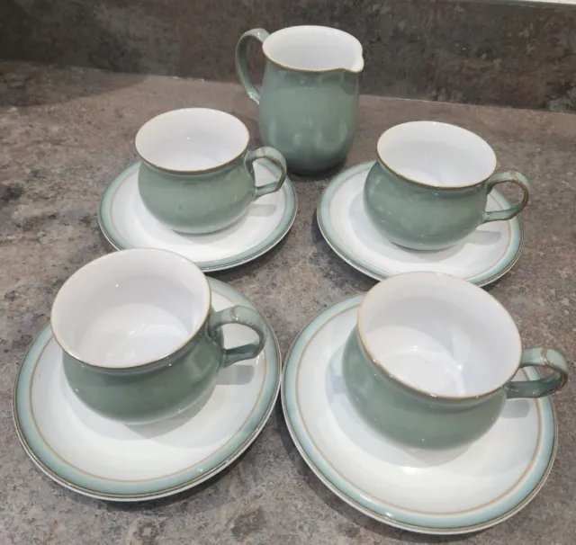 4 Denby Regency Green tea cups saucers, used but in excellent condition.Milk Jug