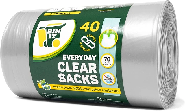 BIN IT 40 trasparente grande 70 L resistente e sicuro, cravatta superiore, sacchi riciclati, sacchetti cestino, -