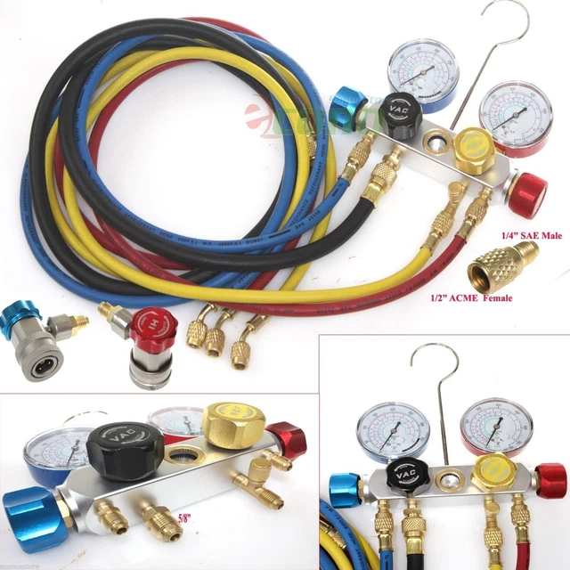 4 WAY MINI Split AC Manifold Gauge Set R410a R22 R134a w/ Hoses Quick