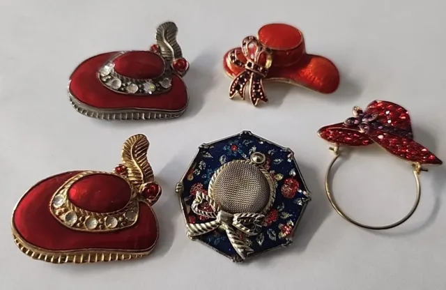 Set Of 5 Vintage Red Hat Society Brooches Hat Pins Bright Red And Beautiful