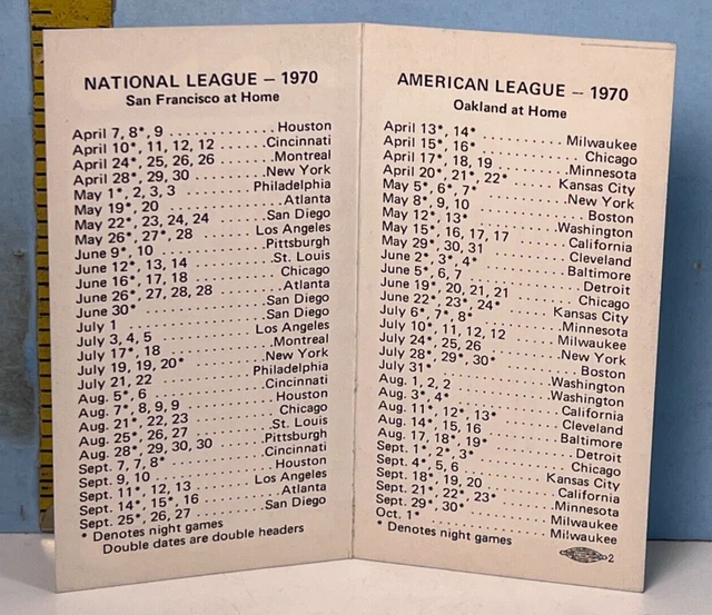 1970 SAN FRANCISCO Giants Baseball Schedule Furst Sales & Advertising