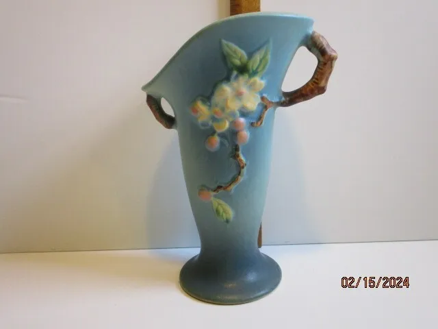 Roseville Pottery Apple Blossom Aqua Blue Double Handled Vase 389-7 Twig Handle