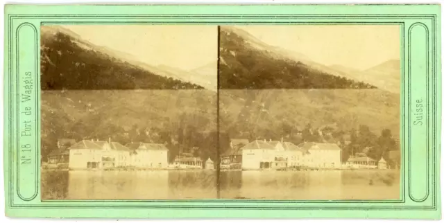 Stereo Suisse, Schweiz, Port de Weggis, Lac des Quatre Cantons, circa 1870 Vinta