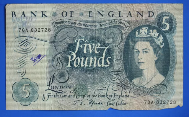 1967 Bank of England, BOE Five pounds, Fforde, Prefix "70A" £5 banknote [29993]