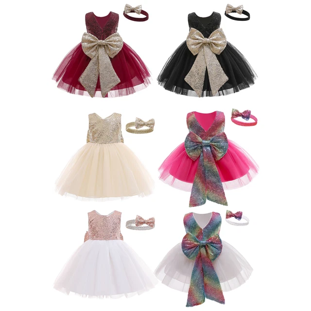 Baby Girls Sleeveless Shiny Sequins Mesh Dress with Headband Party Birthday Set