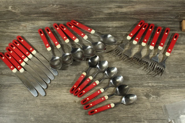Vintage White/Red Plastic Flatware Silverware Set Stainless Taiwan MCM Retro