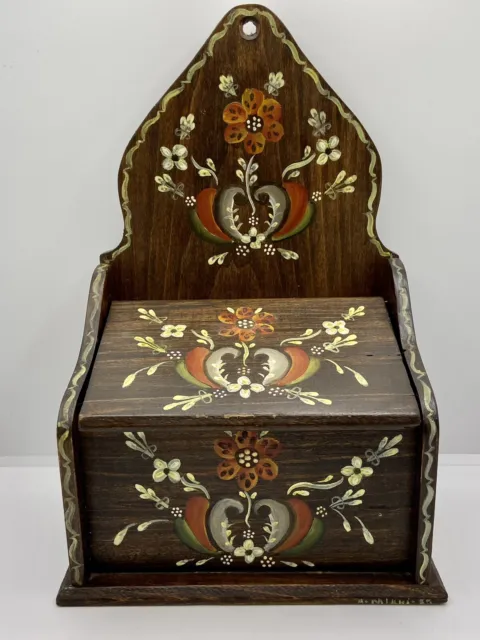 Vintage Hand Painted Folk Art Wood Lidded Box, Artist Signed/Dated, MCM, Floral