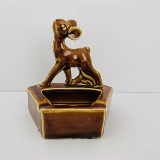 Vintage Ashtray Brown Ceramic Stoneware Deer MCM Kitsch Retro 10cm X 9cm