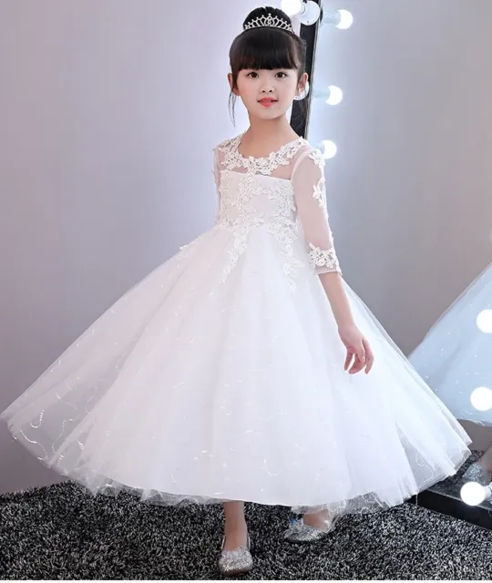 8 years Bridesmaid, Communion Christening Lace Applique Kids Tulle Gown