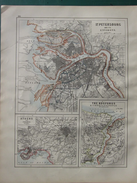 1900 Victorian Map ~ St. Petersburg & Surroundings~Athens~Bosphorus Constantinople