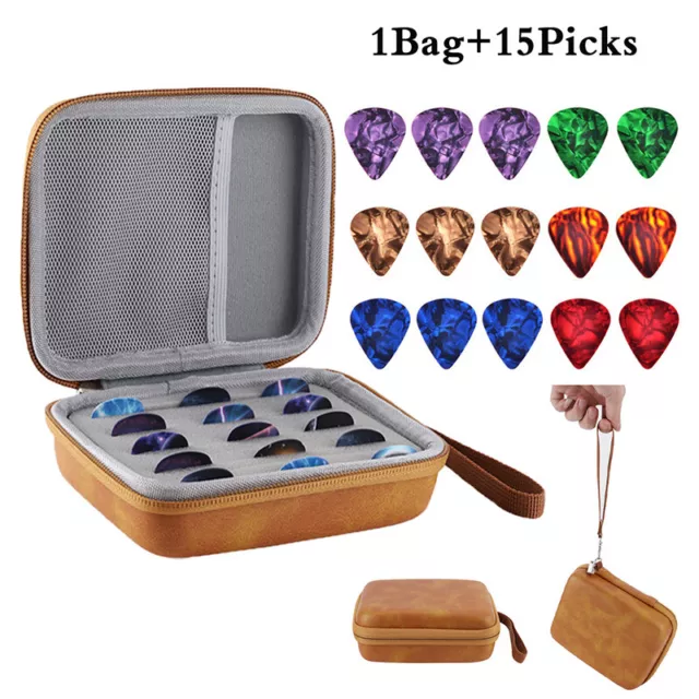 15pcs Guitar Picks W/ Holder Case Box Pick Capo Tuner Strings Storage Pouch Bag
