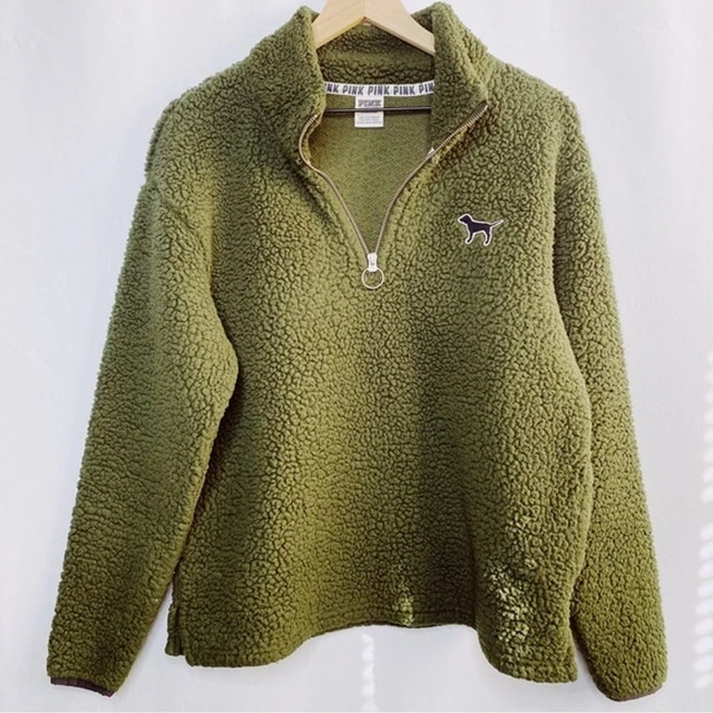 Victoria Secret Pink Army Green Sherpa Quarter Zip Oversized Sweater Small