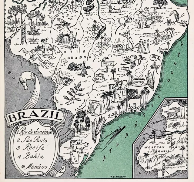 1941 Brazil Map ORIGINAL Pictorial Coffee Cattle Gold Rubber Sugar VERNON QUINN