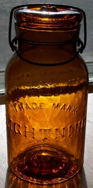  Beautifully Whittled Amber Antique Glass TRADE MARK LIGHTNING Quart Fruit Jar