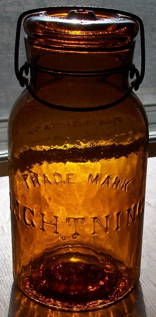  Beautifully Whittled Amber Antique Glass TRADE MARK LIGHTNING Quart Fruit Jar