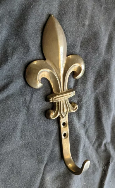 Vintage Antique Old Solid Brass Fleur De Lis Coat Towel Hook Door Wall Mount
