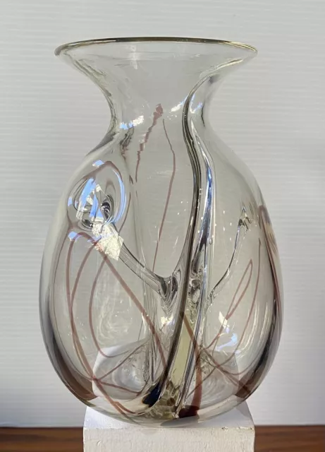 Vintage Michael Nourot Studio Art Glass Vase w/ Tendrils 6.5” Clear! MCM