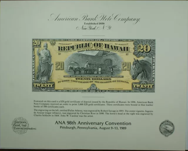 ABNC Souvenir Card 1989 ANA 1895 $20 Gold Cert Face Republic of Hawaii SO-68