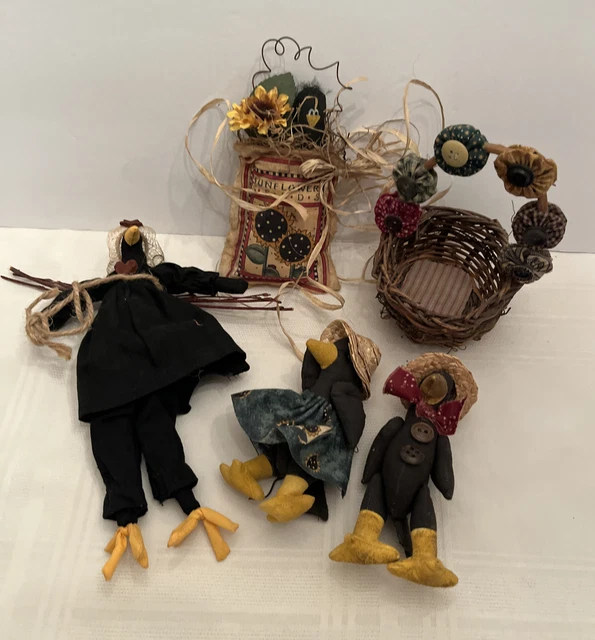 4 Vintage Primitive Art Black Bird Raven Crow Lot 1 Westeater 2 in Basket 1 Hang