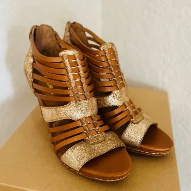 TRASK SAMMI GLADIATOR Wedge Leather Sandal, Open Toe, Brown/Gold, Size ...