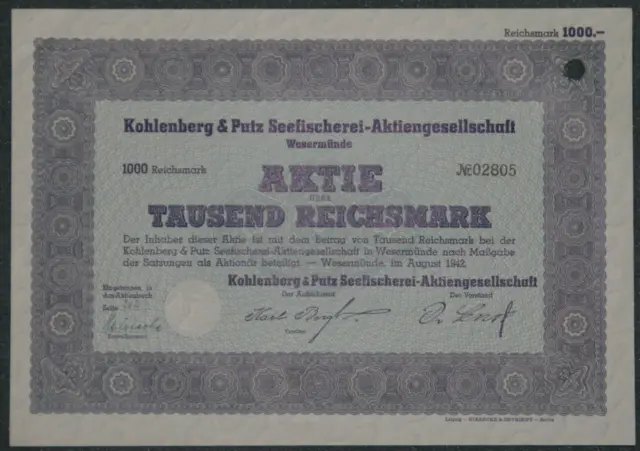 Kohlenberg & Putz Seefischerei-Aktiengesellschaft 1942 1000 RM