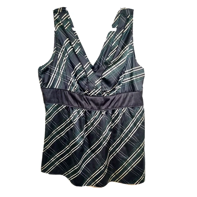 New York & Company Blouse 14 Satin Plaid Empire Waist V Neck Zipper Sleeveless