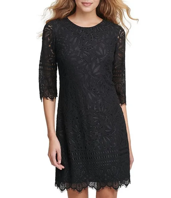 Kensie Sheath Dress Size 6 Black Lace Floral 3/4 Sleeve Scalloped Hem NWT $118