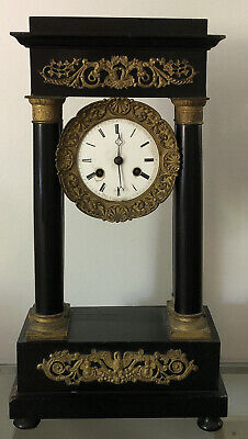 Antique French Empire Mantel Clock Columns Ebonized Wood Brass Accents Pendulum