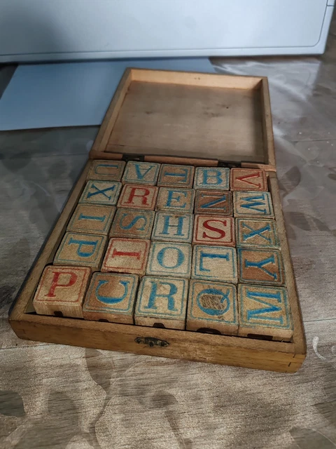 Jeu De Cubes Ancien En Bois Vers 1900 — Alphabet éducatif, Boîte D'origine