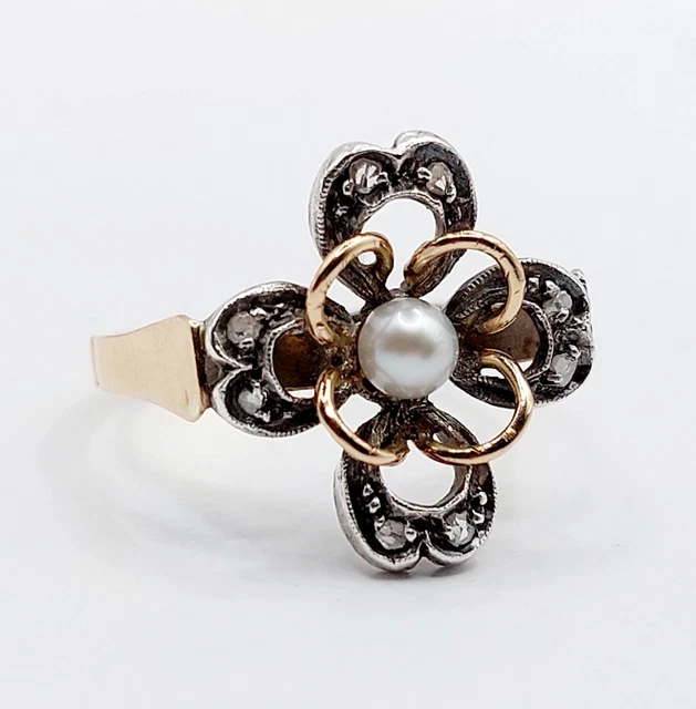 Bague Antique Or 18K - Sertie D'une Perle De Culture Et De Diamants Taille Rose - Taille 57 - Environ 1920