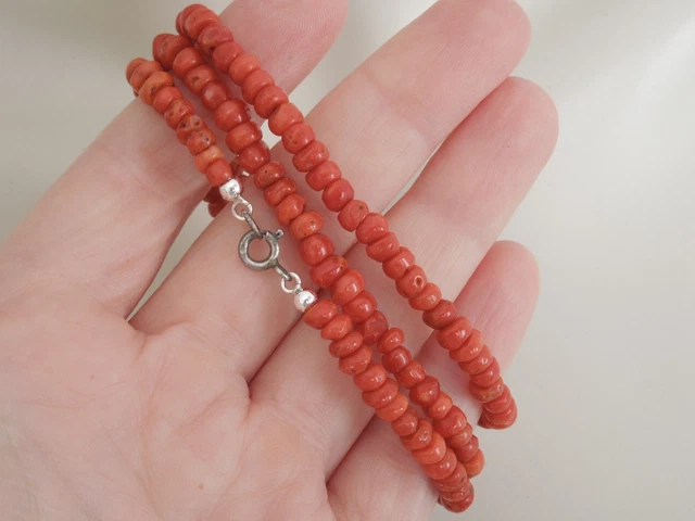 Collier 2 Rangs En Corail Naturel Orange - Fermoir Fleur Argent 925 - 245 Carats - Neuf