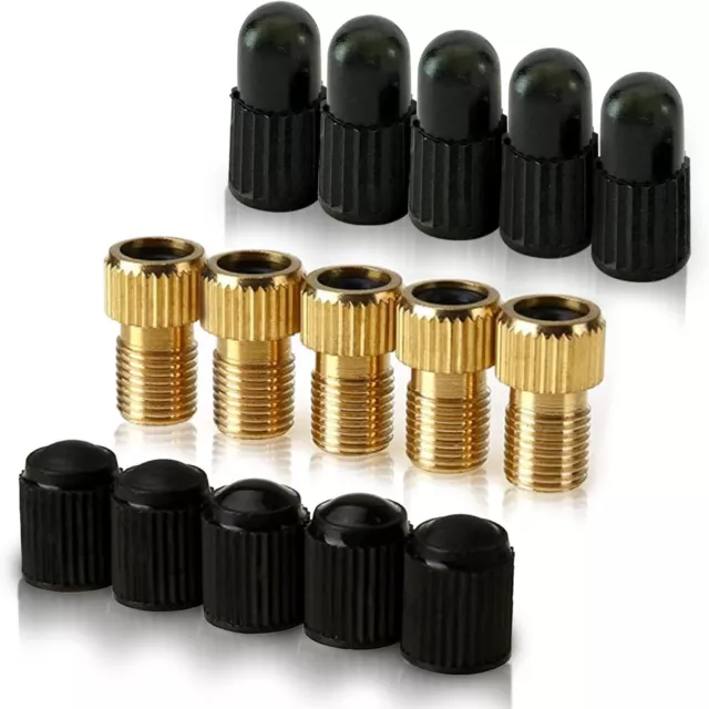 Brass Presta Valve Adaptor (Pack of 5 + 10 Caps) - Convert Presta to Schrader fo