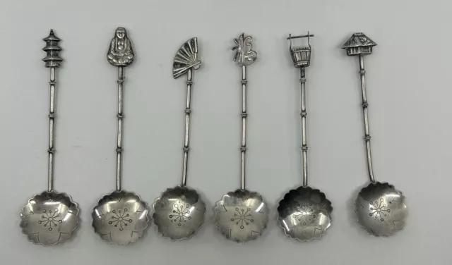 Japanese Sterling Silver  Demitasse Spoons Set of 6 Teaspoons Figural