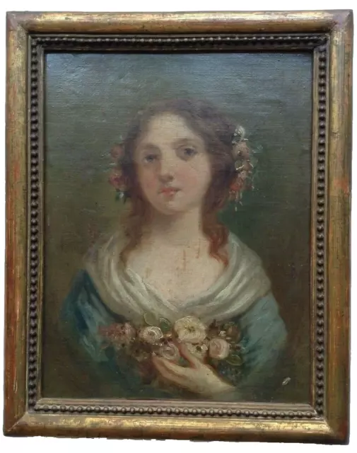 18th Century Follower of VIGEE-LEBRUN Portrait Young Lady with Roses Oil Signed