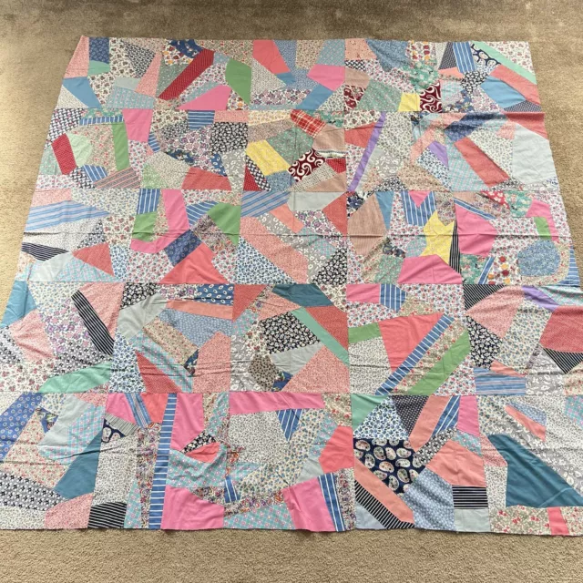 82” Square Multi-Color Feed Sack 1930s Fabric Paper Pieced Scrap Crazy Quilt Top