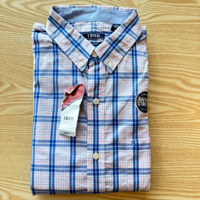 Izod Mens Check Shirt BNWT Medium Pink Blue 23" Pit-to-Pit Designer Preloved Men